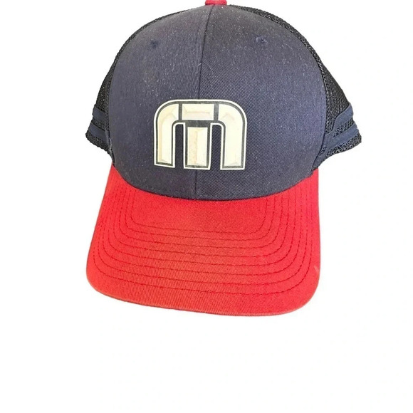 Travis Matthew Trucker Mesh Navy Blue Red Striped EUC Snapback Hat - Picture 1 of 4